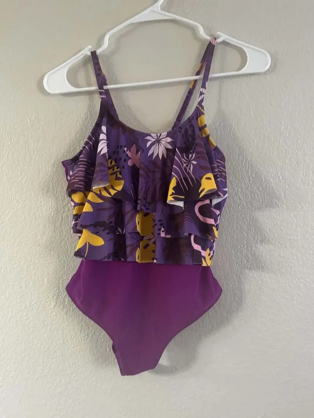Girls Purple Tropical Ruffle One-Piece Swimsuit Size 7